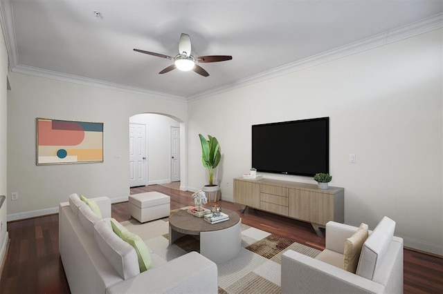 living room with crown molding, dark hardwood / wood-style floors, and ceiling fan