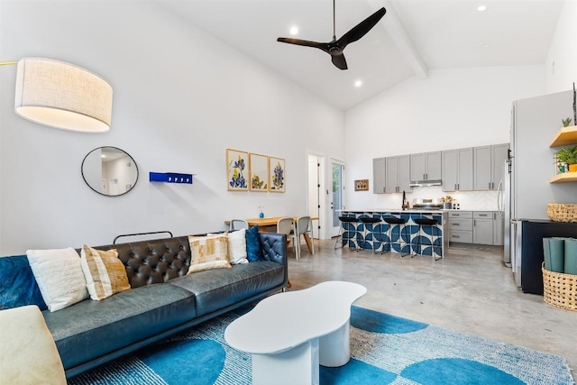 11233/4 Gunter St Unit 2, Austin, TX 78702 - living area with concrete floors, high vaulted ceiling, beamed ceiling, and a ceiling fan