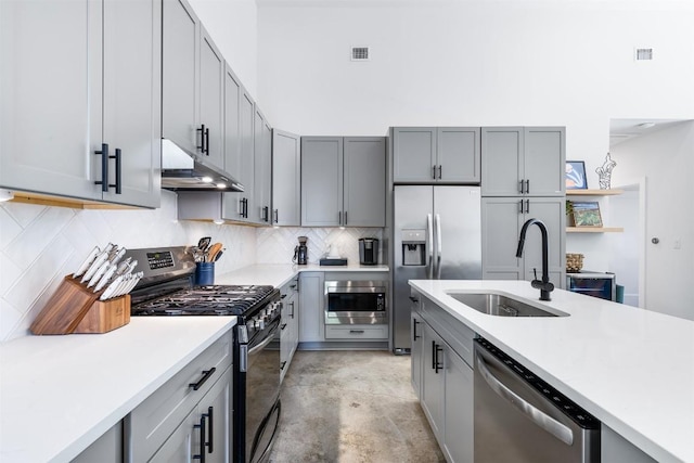 11233/4 Gunter St Unit 2, Austin, TX 78702 - kitchen featuring under cabinet range hood, gray cabinets, a sink, and appliances with stainless steel finishes