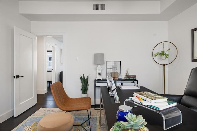 office space featuring dark wood-type flooring