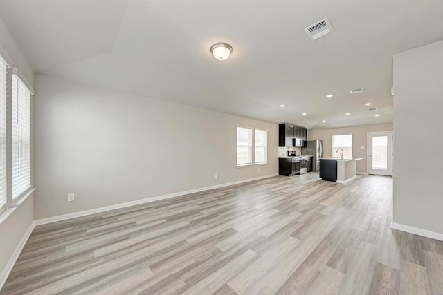 unfurnished living room featuring sink and light hardwood / wood-style floors