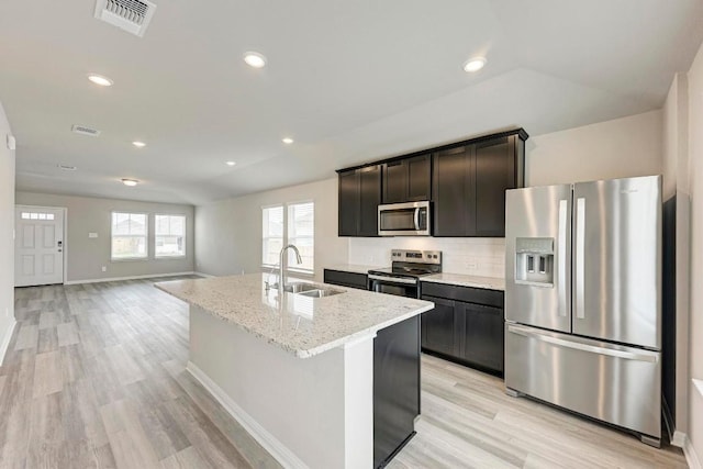 kitchen with sink, stainless steel appliances, light stone counters, an island with sink, and decorative backsplash