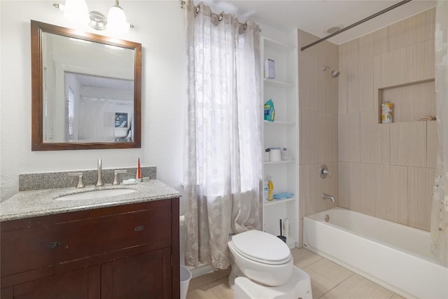 1406 Webberville Rd, Austin, TX 78721 - bathroom with vanity, shower / bathtub combination with curtain, and tile patterned flooring