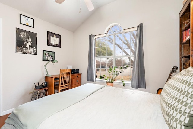 bedroom with vaulted ceiling and ceiling fan