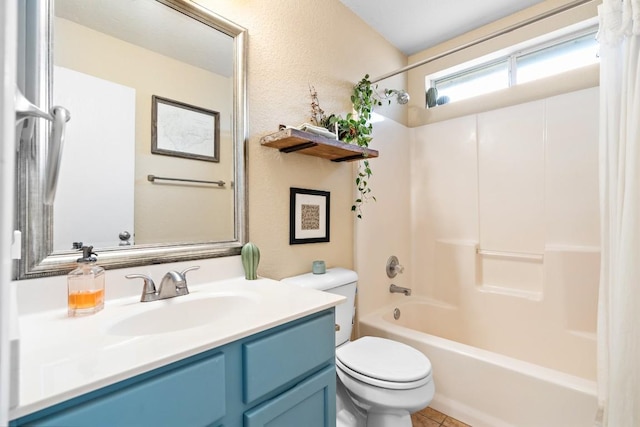 full bathroom featuring vanity,  shower combination, and toilet