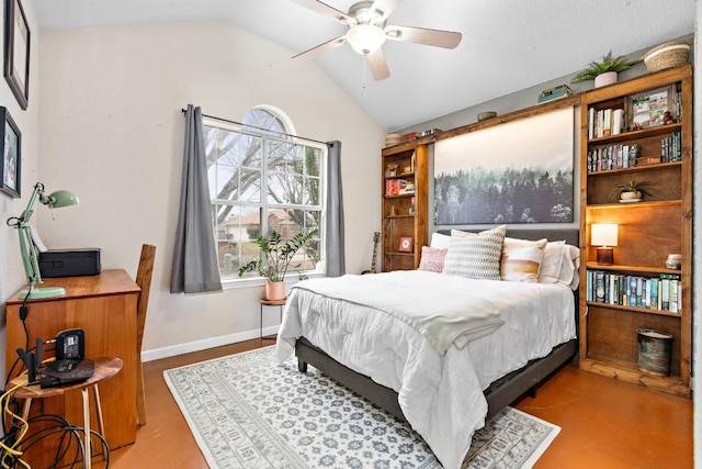 bedroom with ceiling fan and lofted ceiling