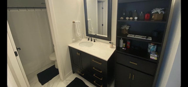 bathroom featuring vanity, a shower with curtain, and toilet