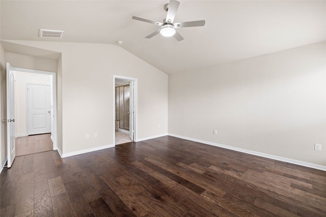 interior space with vaulted ceiling, ceiling fan, and dark hardwood / wood-style flooring