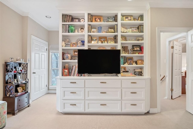 interior space with ornamental molding, built in shelves, and light colored carpet