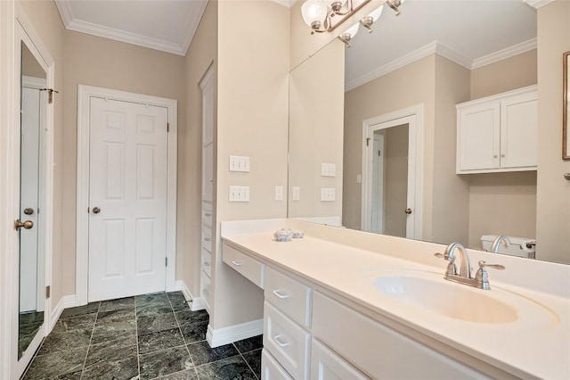 2716 Hillview Green Ln, Austin, TX 78703 - bathroom with baseboards, vanity, crown molding, toilet, and marble finish floors