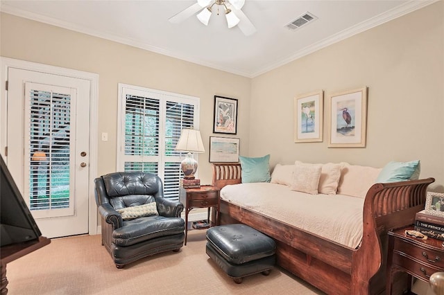 carpeted bedroom with ceiling fan, access to exterior, and ornamental molding