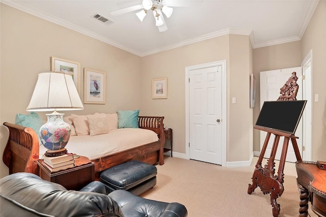 2716 Hillview Green Ln, Austin, TX 78703 - living room featuring ceiling fan, ornamental molding, light carpet, and baseboards