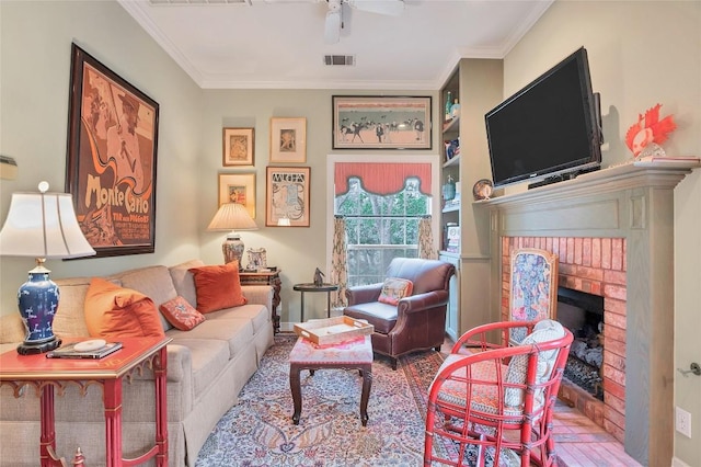 2716 Hillview Green Ln, Austin, TX 78703 - living area with ornamental molding, ceiling fan, a brick fireplace, and baseboards