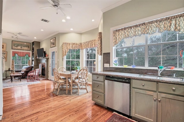 2716 Hillview Green Ln, Austin, TX 78703 - kitchen featuring dishwasher, ceiling fan, a sink, gray cabinets, and ornamental molding