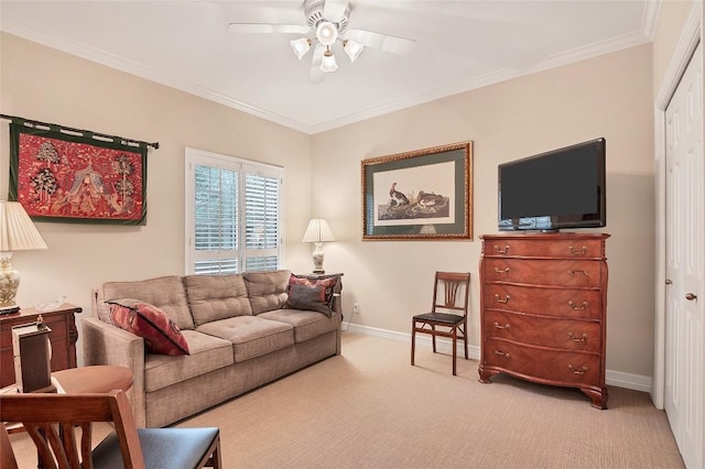 2716 Hillview Green Ln, Austin, TX 78703 - living area with ceiling fan, light carpet, baseboards, and ornamental molding