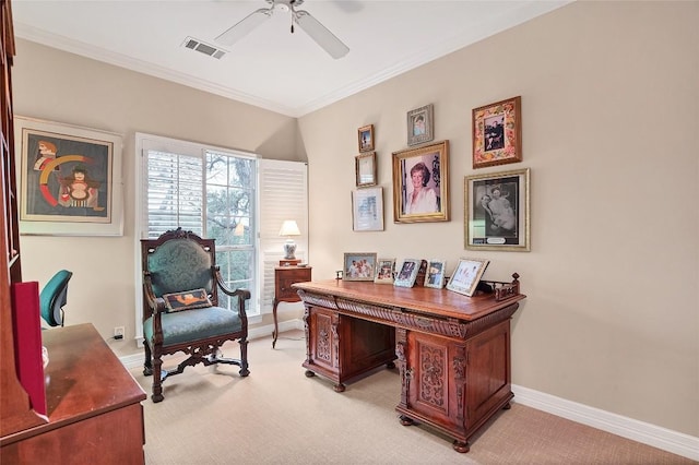 2716 Hillview Green Ln, Austin, TX 78703 - office area with ceiling fan, light colored carpet, baseboards, and ornamental molding