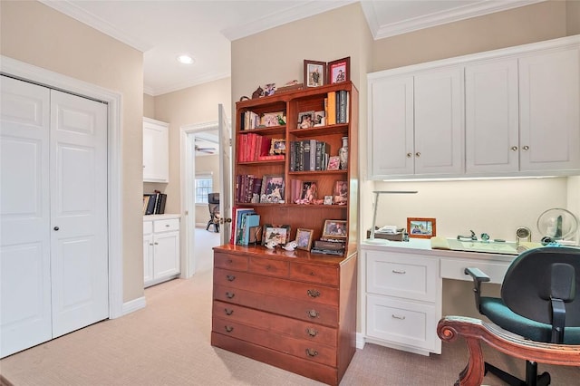 2716 Hillview Green Ln, Austin, TX 78703 - home office with ornamental molding, light carpet, built in study area, and recessed lighting