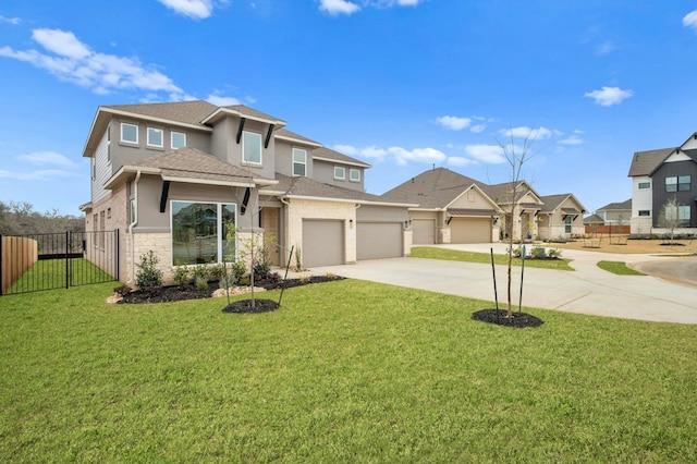 view of front facade featuring driveway, fence, an attached garage, a shingled roof, and stucco siding