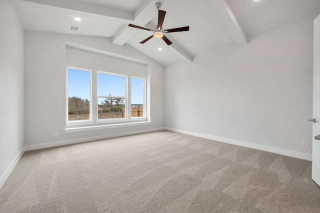 spare room featuring light carpet, baseboards, ceiling fan, recessed lighting, and vaulted ceiling with beams