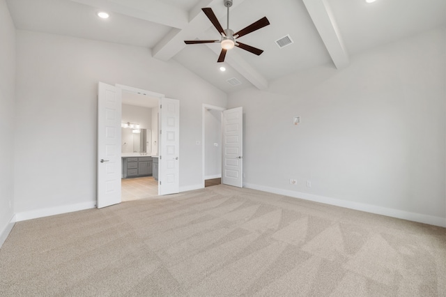 unfurnished bedroom featuring visible vents, baseboards, vaulted ceiling with beams, light carpet, and recessed lighting