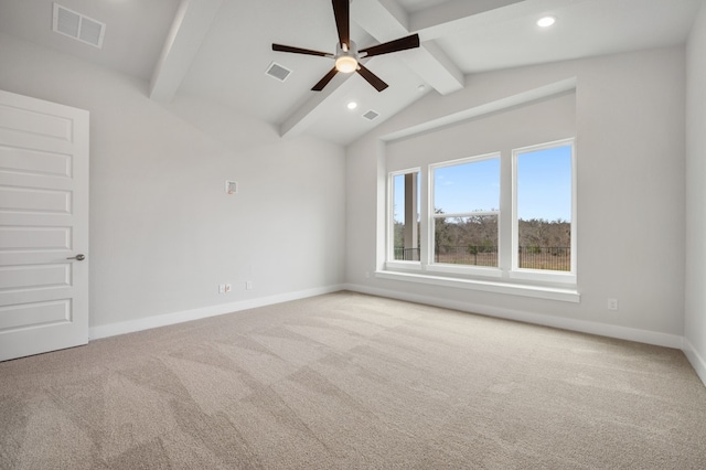 spare room featuring ceiling fan, visible vents, carpet floors, baseboards, and recessed lighting