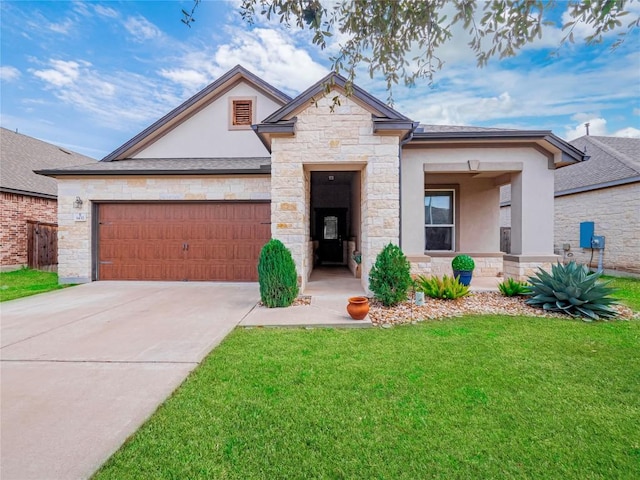 view of front of house featuring driveway, an attached garage, stucco siding, a front lawn, and stone siding