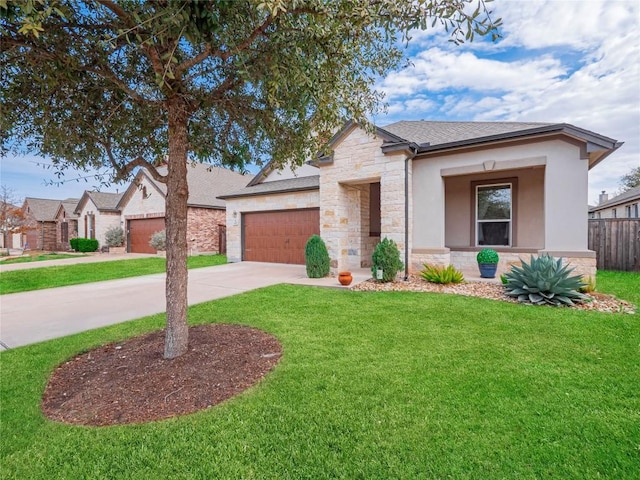 view of front of property with stucco siding, concrete driveway, a garage, stone siding, and a front lawn