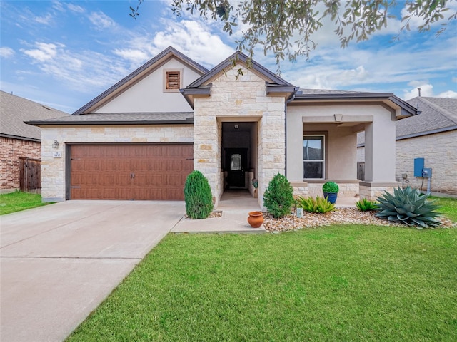 1432 Uhland Dr, Leander, TX 78641 - view of front of house featuring stone siding, a front yard, a garage, driveway, and stucco siding