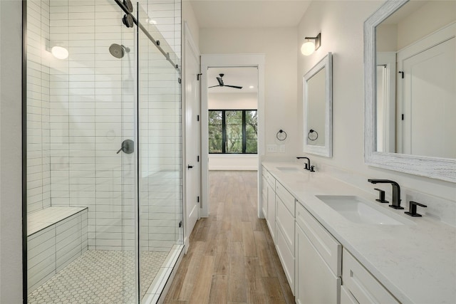 bathroom with vanity, hardwood / wood-style floors, and a shower with shower door