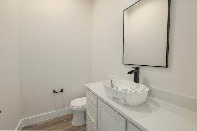 bathroom featuring toilet, vanity, and wood-type flooring