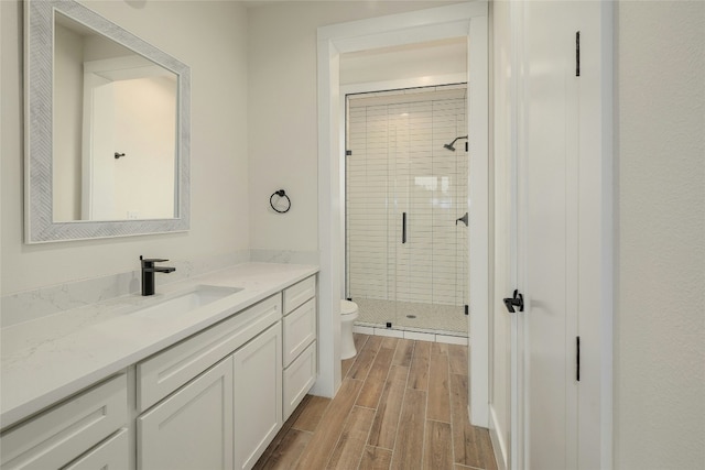 bathroom with vanity, toilet, and a shower with shower door