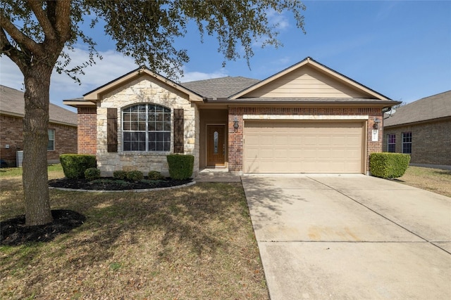 ranch-style home featuring a garage and a front lawn