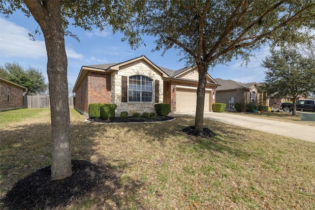 ranch-style home with a front lawn and a garage