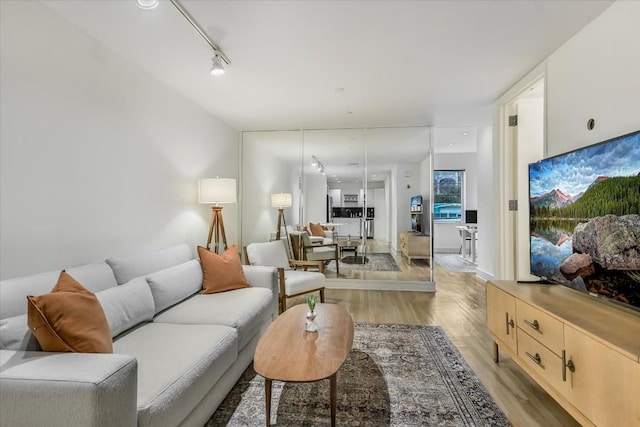 living room featuring light hardwood / wood-style floors and track lighting