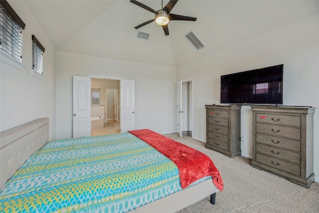 bedroom featuring high vaulted ceiling, light colored carpet, visible vents, and a ceiling fan