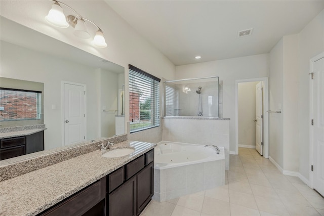 full bathroom with visible vents, a whirlpool tub, tile patterned flooring, vanity, and a shower stall