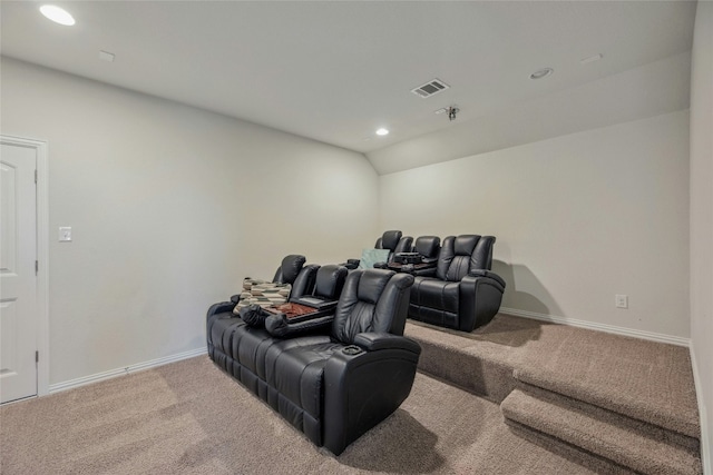 home theater room featuring recessed lighting, carpet flooring, lofted ceiling, and baseboards