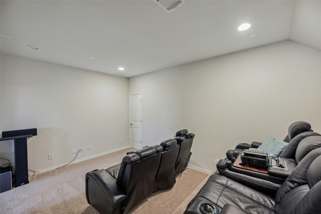 home theater room featuring light carpet, recessed lighting, visible vents, and baseboards