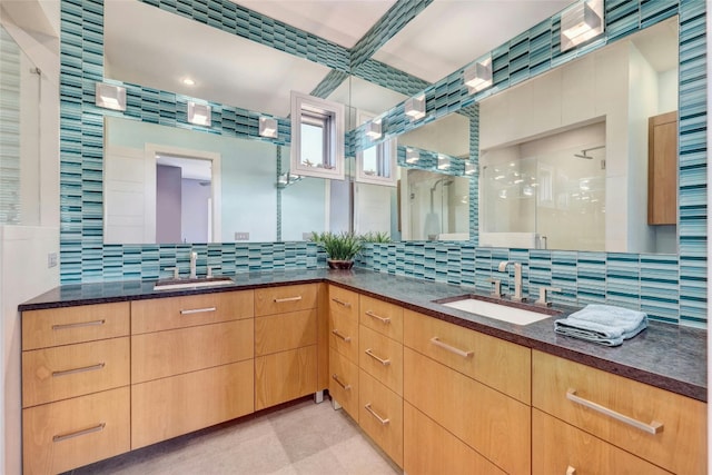 702 Crystal Mountain Dr, Austin, TX 78733 - bathroom with backsplash, vanity, and a walk in shower