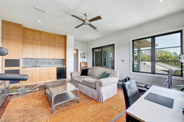 702 Crystal Mountain Dr, Austin, TX 78733 - living room with a ceiling fan, recessed lighting, wood finished floors, and a desk