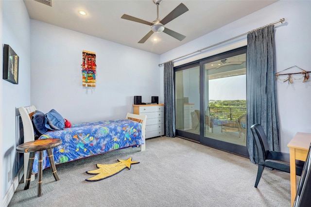 702 Crystal Mountain Dr, Austin, TX 78733 - carpeted bedroom featuring access to outside, a ceiling fan, and recessed lighting