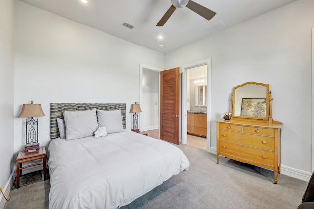 702 Crystal Mountain Dr, Austin, TX 78733 - bedroom featuring recessed lighting, light carpet, ensuite bathroom, and a ceiling fan