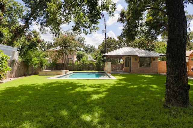 exterior space with an outdoor structure and a fenced in pool