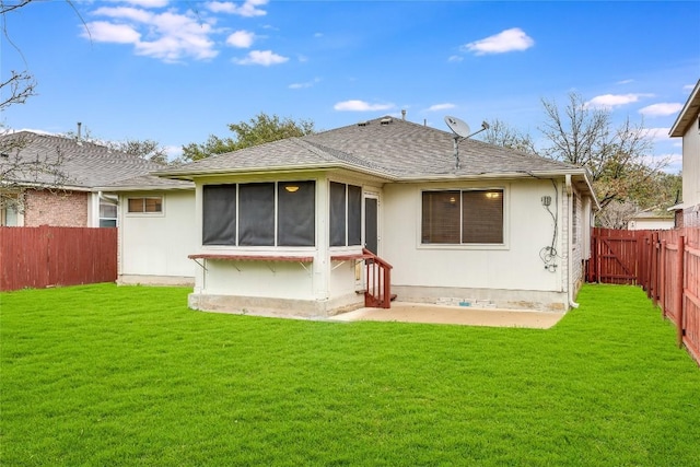 3580 Rock Shelf Ln, Round Rock, TX 78681 - back of house featuring a fenced backyard, a patio area, a sunroom, and a shingled roof