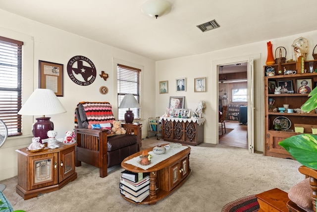 living room with light colored carpet