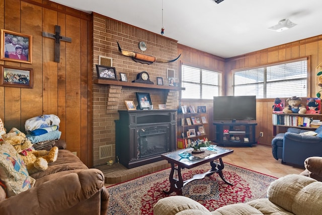 tiled living room with wood walls