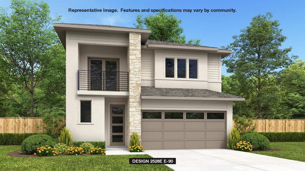 7002 Pappy Van Winkle St, Austin, TX 78744 - view of front of house with concrete driveway, stucco siding, a garage, a balcony, and stone siding