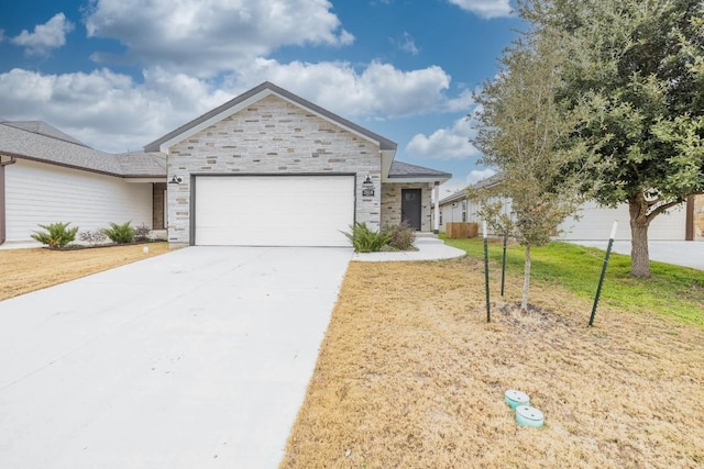 ranch-style house with an attached garage, stone siding, driveway, and a front yard