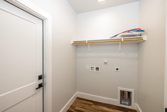 laundry area featuring laundry area, hookup for a gas dryer, dark wood-type flooring, hookup for an electric dryer, and washer hookup