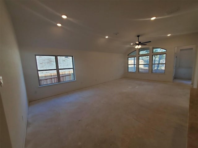 1505 Cole Estates Dr, Georgetown, TX 78628 - unfurnished living room with lofted ceiling, a ceiling fan, and light colored carpet